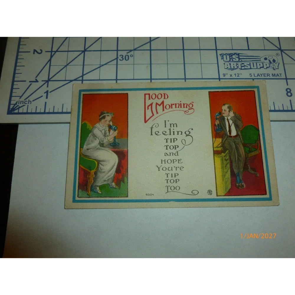 Vintage Good Morning Tip Top Telephone Postcard 1910s Divided Back Antique Art
